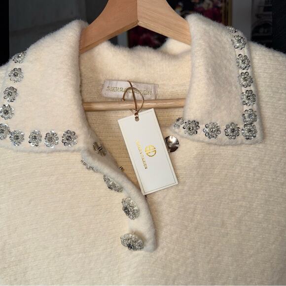 Sierra Darien Elegant Ivory Soft Knit Mini Dress with Crystal Embellished Collar - Picture 15 of 16